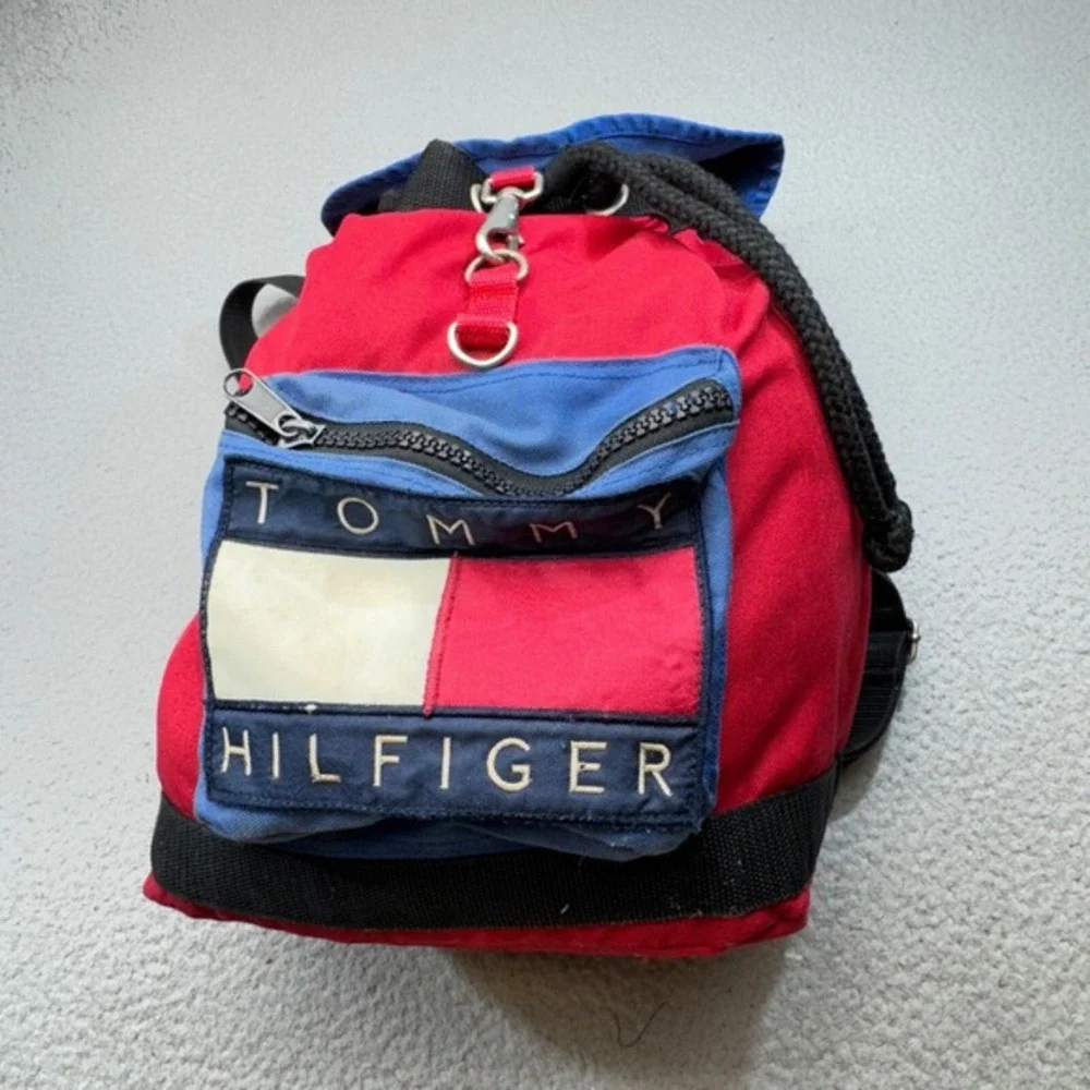 VINTAGE Tommy Hilfiger Backpack Red Blue 90s Alpine Olympics Patch‎ Cinch Canvas